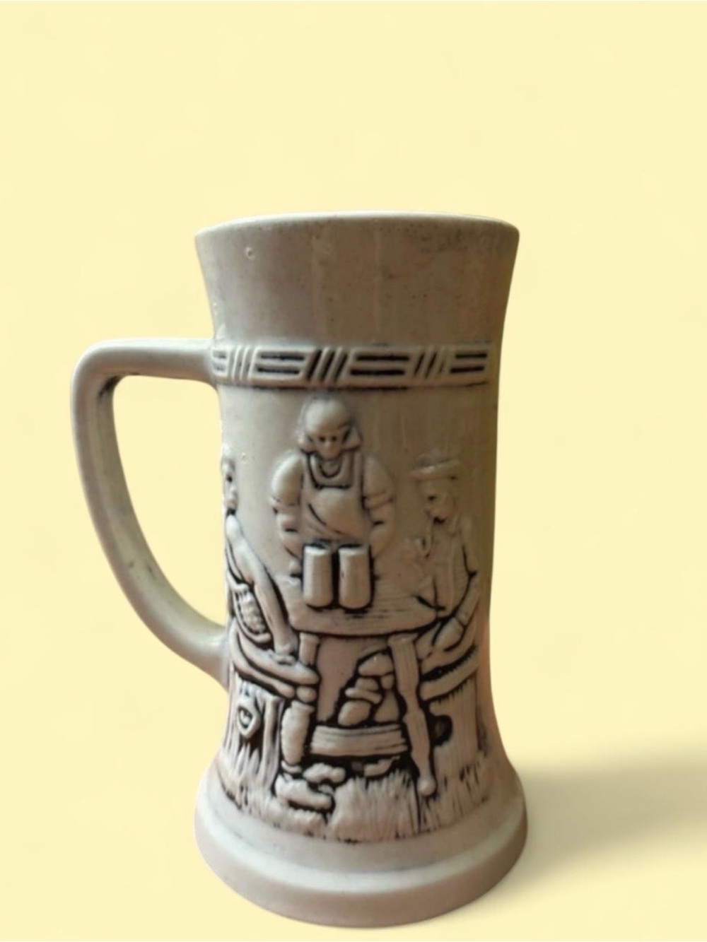 Classic Beige Ceramic Beer Stein with Relief Tavern Scene